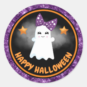 Cute Kinder Girl Ghost & Paarse Glitter Halloween Ronde Sticker