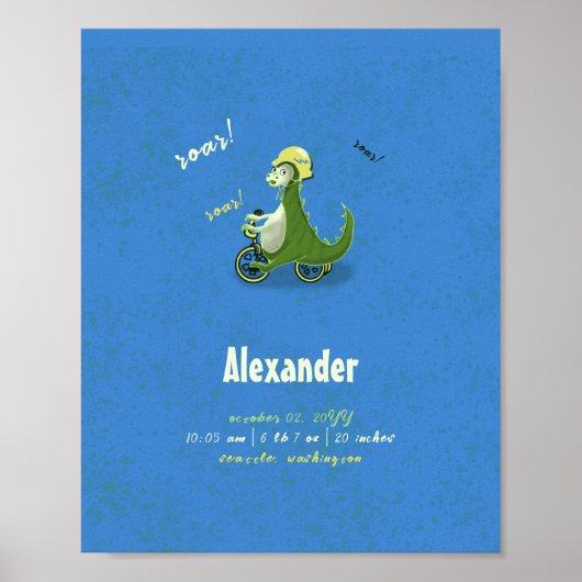 Cute Kinder Green Dinosaur op Trike Boy Birth Stat Poster (Voorkant)