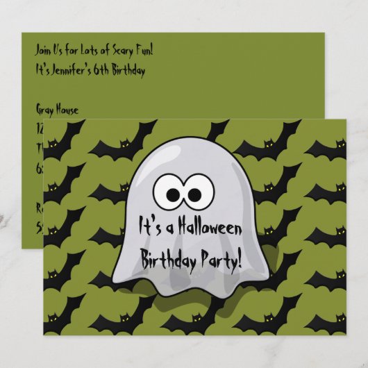 Cute Kinder Halloween Birthday Party Ghost and Bat Kaart (Voorkant / Achterkant)
