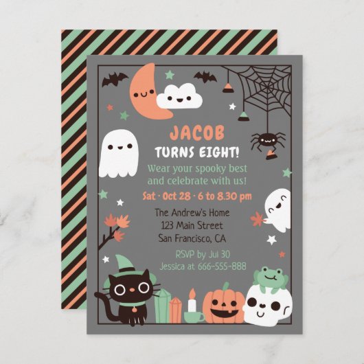 Cute Kinder Halloween Birthday Party Grey Kaart (Voorkant / Achterkant)