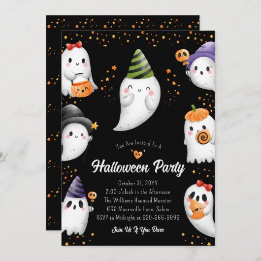 Cute Kinder Halloween Party Invitation Kaart (Voorkant / Achterkant)