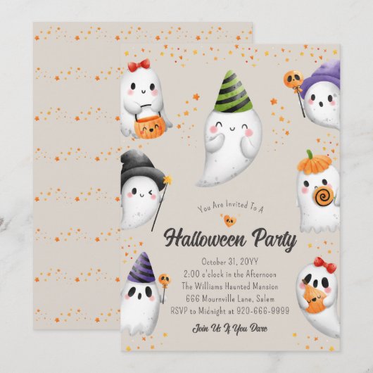 Cute Kinder Halloween Party Invitation Kaart (Voorkant / Achterkant)
