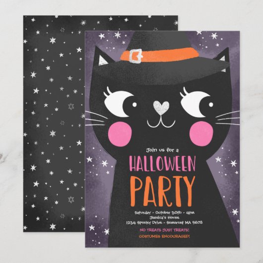 Cute Kinder Halloween Party Witches Cat Spooky Kaart (Voorkant / Achterkant)