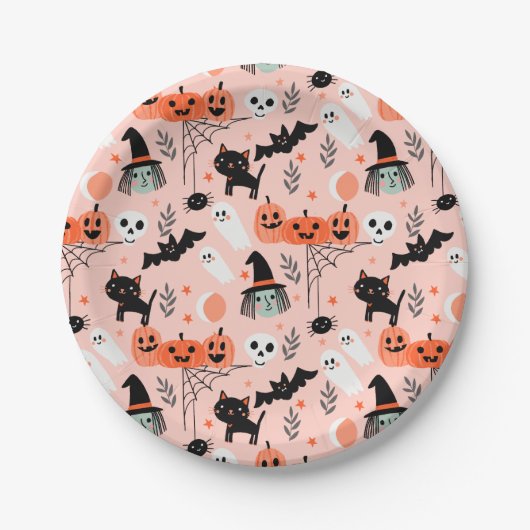 Cute Kinder Halloween patroon roze Papieren Bordje (Voorkant)