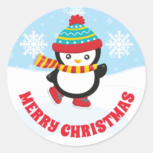 Cute Kinder Ice Skating Penguin Merry Kerstmis Ronde Sticker (Voorkant)