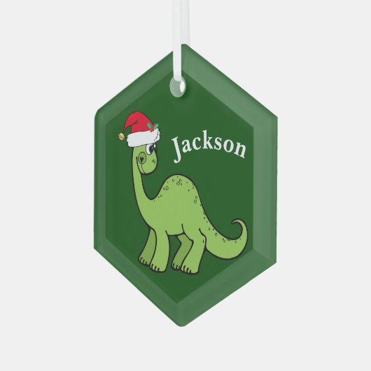 Cute Kinder Kerstmis Dinosaur Green - Gepersonalis Glas Ornament (Voorkant links)
