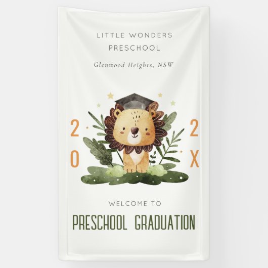 Cute Kinder Lion Fauna Preschool Afstuderen Welkom Spandoek (Verticaal)