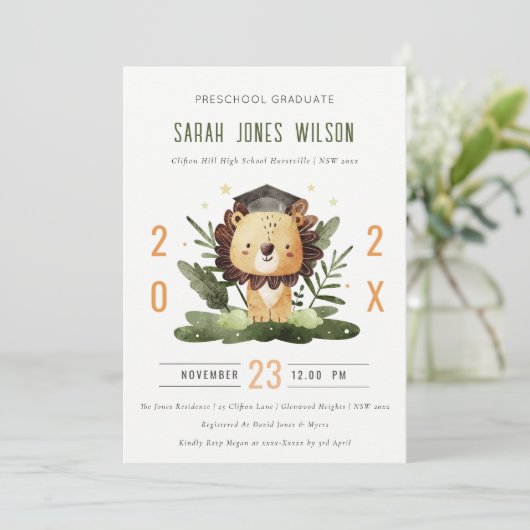 Cute Kinder Lion Foliage Preschool Graduparty Kaart (Staand voorkant)