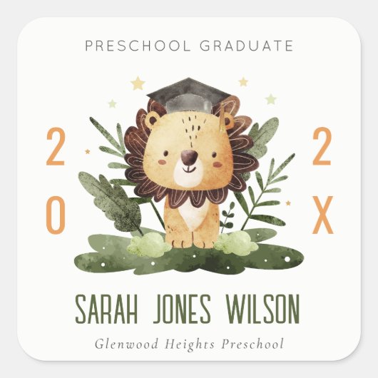 Cute Kinder Lion Foliage Preschool Graduparty Vierkante Sticker (Voorkant)