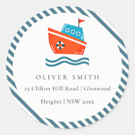 Cute Kinder Nautical Boat Ocean Waves Address Ronde Sticker