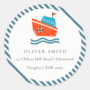 Cute Kinder Nautical Boat Ocean Waves Address Ronde Sticker