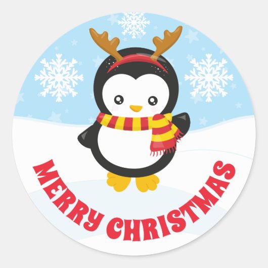 Cute Kinder pinguin Antlers Merry Kerstmis Ronde Sticker (Voorkant)