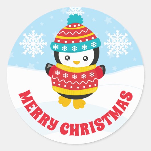 Cute Kinder Red Kerstjumper Penguin Ronde Sticker (Voorkant)