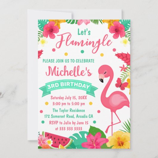 Cute Kinder Tropical Flamingo Summer Birthday Kaart (Voorkant)