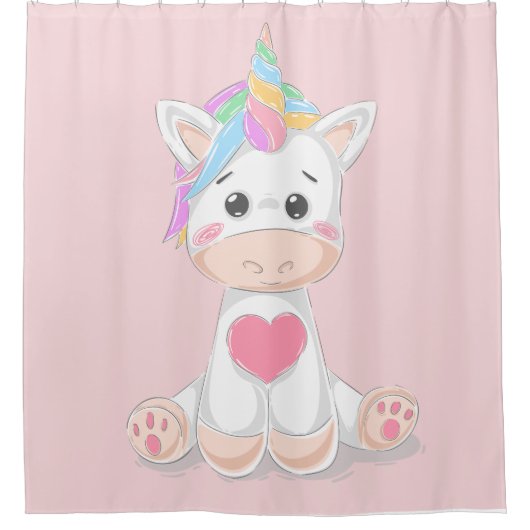 Cute Kinder Unicorn Rainbow Horn Bleek Roze Douchegordijn (Voorkant)