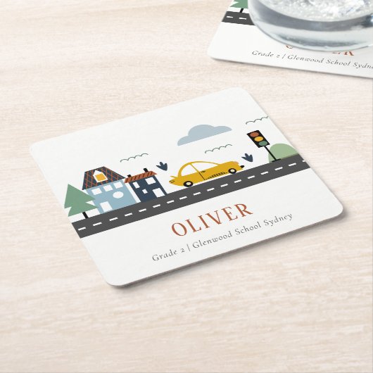 Cute Kinder Urban City Vehicle Cars Road Cityscape Kartonnen Onderzetters (Schuin)