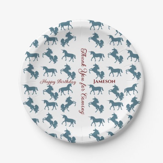 Cute Kinderen Name Birthday Blue Unicorn Pattern Papieren Bordje (Voorkant)