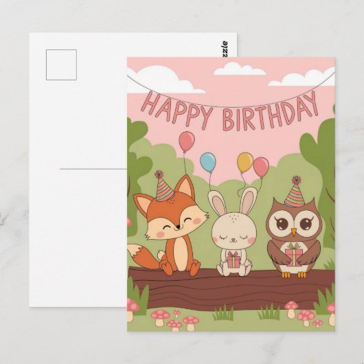 Cute Kinderverjaardagsontwerp met Vos, Konijn & Ui Briefkaart (Voorkant / Achterkant)
