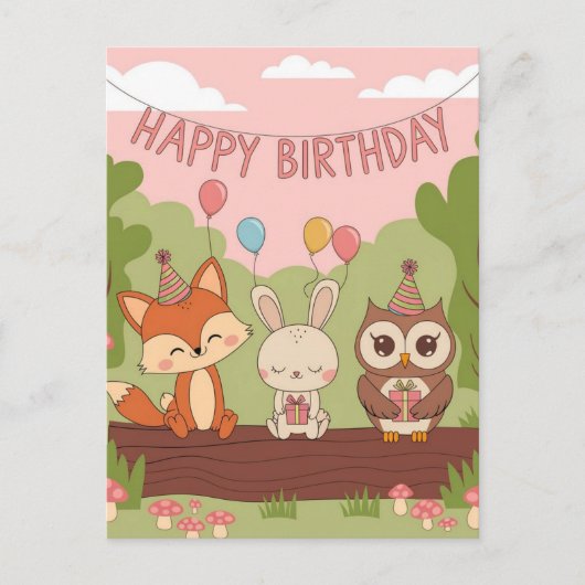 Cute Kinderverjaardagsontwerp met Vos, Konijn & Ui Briefkaart (Voorkant)