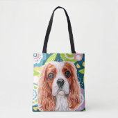 Cute King Charles Spaniel Colorful Flowers Tote Bag (Voorkant)
