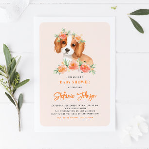 Cute King Charles Spaniel Peach Floral Baby shower Kaart