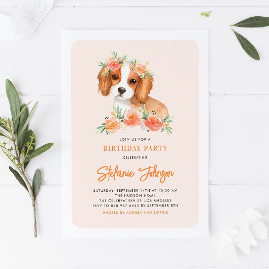 Cute King Charles Spaniel Peach Floral Birthday Kaart