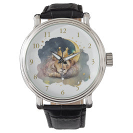 Cute  king Lion Sleeping On The Moon               Horloge