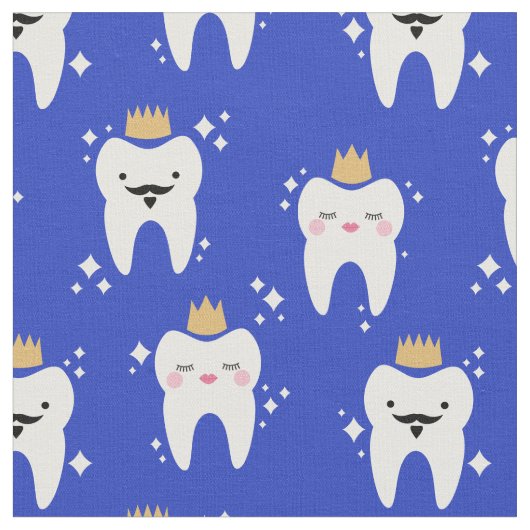Cute King & Queen Tooth Pattern Blue Stof (Close Up)