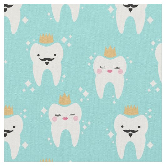 Cute King & Queen Tooth Pattern Turquoise Stof (Close Up)