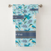 Cute Kingfisher Birds Floral Pattern Blue Name Bad Handdoek (Insitu)