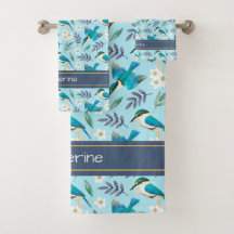 Cute Kingfisher Birds Floral Pattern Blue Name