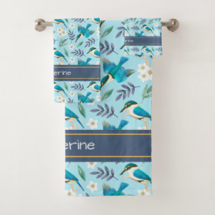 Cute Kingfisher Birds Floral Pattern Blue Name Bad Handdoek