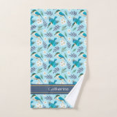 Cute Kingfisher Birds Floral Pattern Blue Name Bad Handdoek (Handdoek)