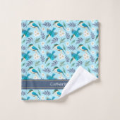 Cute Kingfisher Birds Floral Pattern Blue Name Bad Handdoek (Wasdoekje)