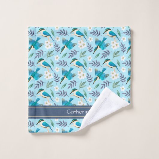 Cute Kingfisher Birds Floral Pattern Blue Name Bad Handdoek (Wasdoekje)