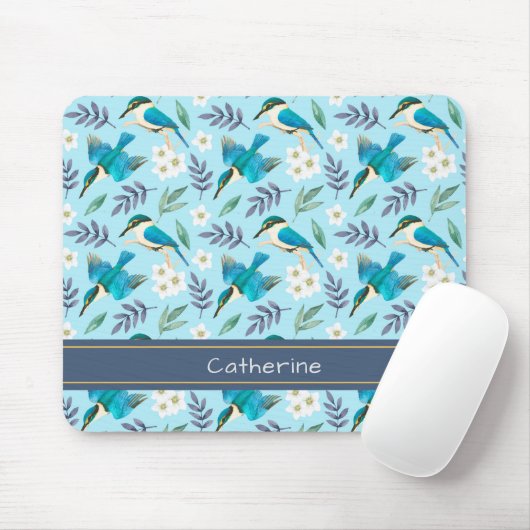 Cute Kingfisher Birds Floral Pattern Blue Name Muismat (Met muis)