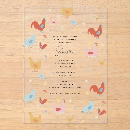 Cute Kippen Hennen en Baby Kuikens Bruidsmeisjesfe Acryl Uitnodigingen (Voorkant)