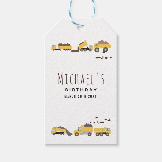 Cute Kiptrucks Bouwtrucks Verjaardag Cadeaulabel (Voorkant)