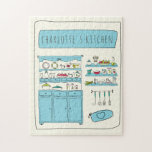 Cute Kitchen Illustration Blue Personalized Name Legpuzzel<br><div class="desc">Cute Kitchen Illustralized Name Puzzle</div>