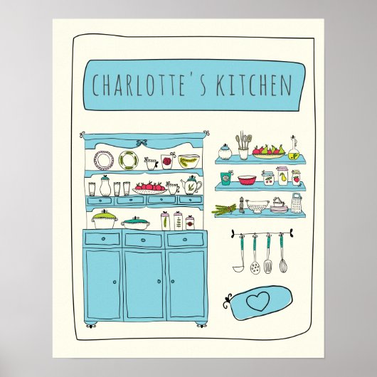 Cute Kitchen Illustration Blue Personalized Name Poster (Voorkant)