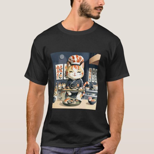 Cute Kitchen Kitty Japans Restaurant Grappige Sush T-shirt (Voorkant)