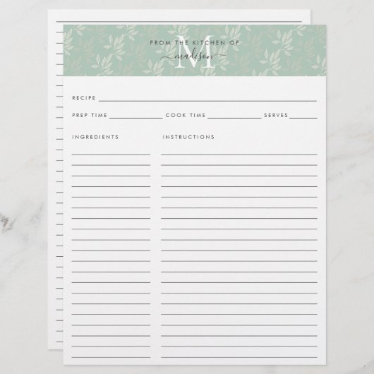 Cute Kitchen Monogram Blauwgroen Floral Botanical  (Voorkant / Achterkant)