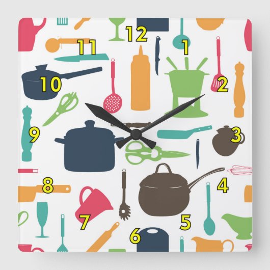 Cute Kitchen Tools Silhouette Illustratie Vierkante Klok (Voorkant)