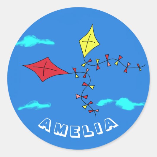 Cute Kites Red Yellow met de naam Kinderen van afg Ronde Sticker (Voorkant)