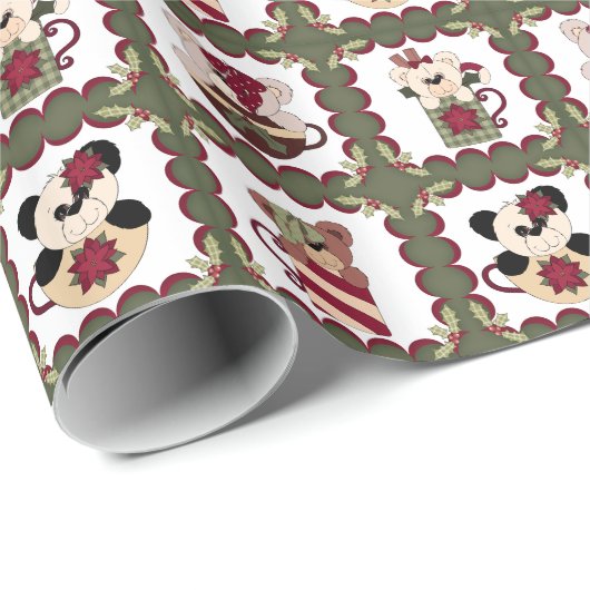 Cute Kitsch Merry-kerstTeddy Bears in Cups Cadeaupapier (Rol Hoek)