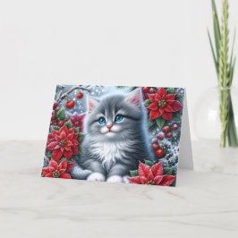 Cute Kitten and Poinsettia Feestdagen Kaart