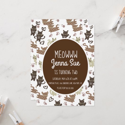 Cute Kitten Birthday Party Pet Invitation Kaart (Voorkant / Achterkant in situ)