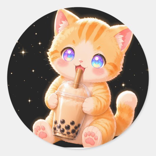 Cute Kitten & Bubble Tea Ronde Sticker (Voorkant)
