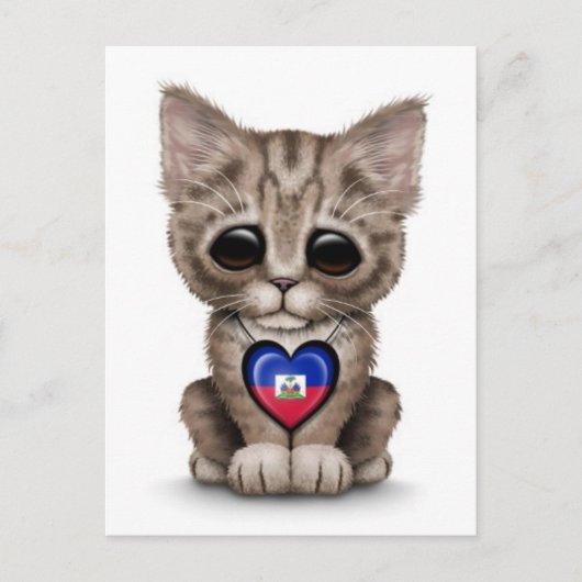 Cute Kitten Cat met Haïtiaanse vlag Heart, wit Briefkaart (Voorkant)