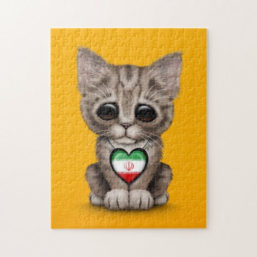 Cute Kitten Cat met Iraans vlaggenhart, geel Legpuzzel (Verticaal)